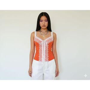 NOS Deb Y2K Orange White Laced Corset Smocked Back Tank Top Cotton Spandex Sz XL